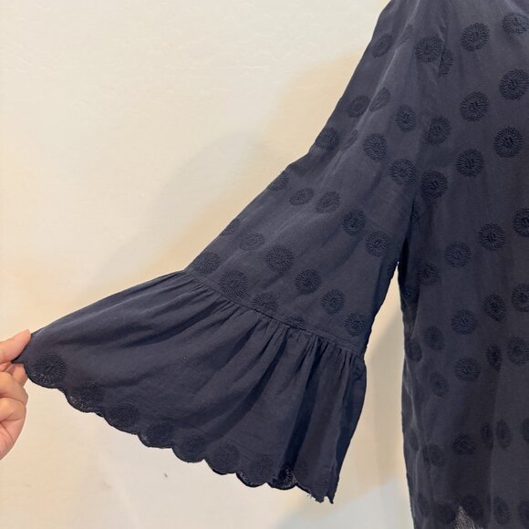 J. Jill 100% Cotton Embroidered Flare Sleeve Tunic Blouse Top Navy Blue Large - Picture 4 of 8